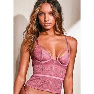 VICTORIA’S SECRET Solid Pink Zip Front Lace Racerback Women’s Bustier Size 32B